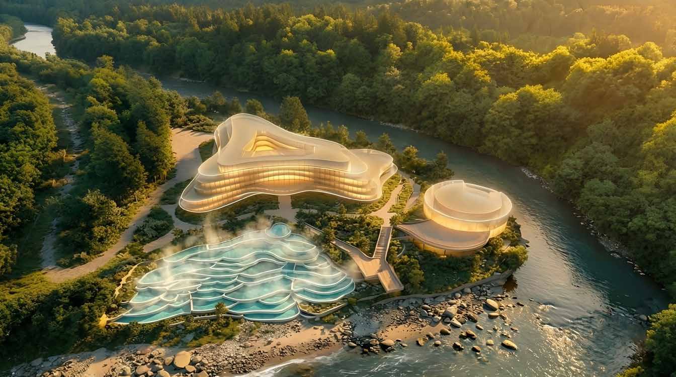 Иллюстрация мастер-плана: основной отель, wellness-ядро и gastro hub